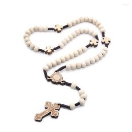 Pendant Necklaces Log Wooden Beads Hand Woven Religious Belief Cross Rosary Necklace Church Prayer Baptism Men Women Jewelry Souvenir Gift