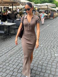 Casual Dresses Women Solid Fashion Turn-down Collar Short Sleeve Button Side Slit Body-Shaping Streetwear Elegant Long Dress