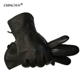 Five Fingers Gloves Winter man deer skin leather gloves male warm soft men's glove black three lines design men mittens sheep hair lining 230306