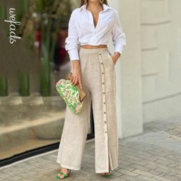 Women's Two Piece Pants Wefad Set Casual Fashion Lapel Solid Long Sleeve Nipped Waist Top Loose Wide Legs Sets 230306