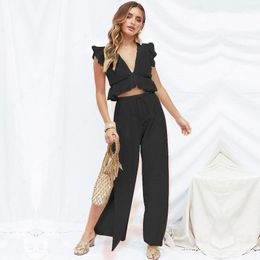 Women's Pants & Capris All-match European And American 2023 Summer Sexy V-neck Ruffled Sleeveless Chiffon Blouse Split Wide Leg Two-piece