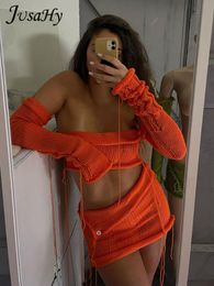 Two Piece Dress JusaHy Women Y2K Orange Wool Kniting Sexy Beach Holiday Pieces Sets Chest Wrapping Long Sleeve Short Tops Mini Hip Skirt 230306