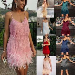 2023 Plus Size S-3XL Feminino Vestidos de Baile com Borla Vestido de Festa com Lantejoulas Feather Patchwork Halter Sxey Dress Mini Saias Rosa