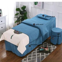 Bedding Sets 4pcs Cotton Linen For Beauty Salon Tuina Massage Therapy Spa Bedskirt Stoolcover Pillowcase Duvet Cover