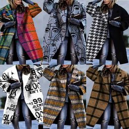 Women's Wool Blends Autumn 2023 women's wear multiple color matching plaid long-sleeved lapel coat printed dragon and phoenix cloth coat T230303