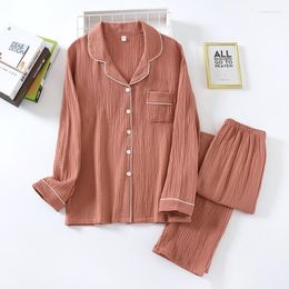 Women's Sleepwear Couple Pajama Set Double Layer Crepe Pijamas Women And Men Long Sleeve Pants Soft Breathable Nightwear