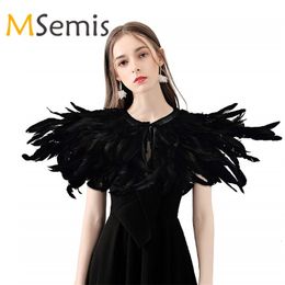 Bow Ties Iridescent Rooster Hackle Natural Feather Collar Cape Stole Shawl Collar Shrug Cape Festival Feather Shawl with Ribbon Ties 230306