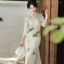 Ethnic Clothing Lotus Print Chinese Traditional Dress Long Sleeve Women Qipao Slim Elegant Female Cheongsam Modern Wedding