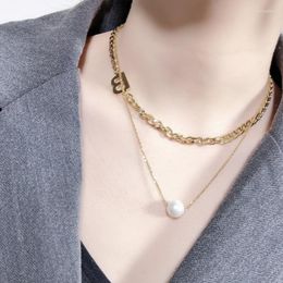 Chains 316L Stainless Steel Alphabet Pearls Pendant Charm Double Layer Thick Chain Choker Necklace For Women Fashion Fine Jewelry AN729