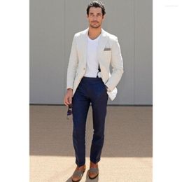 Men's Suits Casual Linen Men'S Summer Beach Wedding Groom Party Clothing Street (Ivory White Jacket Navy Blue Pants)