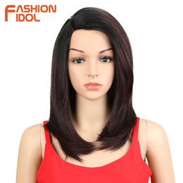 Synthetic Wigs Fashion Idol Wigs for Black Women 18 Inch Short Bob Hair Straight Synthetic Side Part Lace Ombre Heat Resistant Cosplay 230227