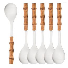 Dinnerware Sets Drmfiy 6Pcs Tableware Stainless Steel Cutlery Wood Bamboo Root Handle Silver Serving Salad Server Fork Spoon