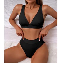 Women's Swimwear Ribbed Bikini High Waist Swimsuit Women Push Up 2023 Sexy V-neck Biquini Solid Bathing Suit Summer Beachwear Bikinis