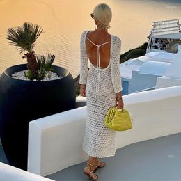 Casual Dresses 2023 Femme Lace Up Long Sleeve Crochet White Dress Backless Knitted Fashion Beach Hollow Out Vestidos De Mujer Maxi Robes