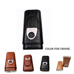 Mini Easy-Take Leather Cigar Case Portable 2 Tube Holder Travel Humidor Cigars Case Accessories For Cohiba W/ Cigar Cutter Gift