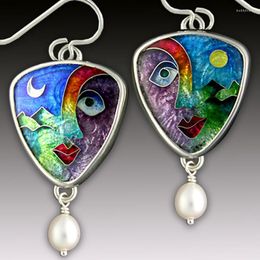 Dangle Earrings Women Sun Moon Face Celestial Pattern Pendant Pearls Asymmetry Creative Abstract Enamel Colorful Jewelry
