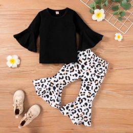 2023 Clothing Sets Autumn Winter Toddler Kids Baby Girls Clothes Black T-Shirt Tops Leopard Print Bell-bottomed Pants Flared Outfits Set