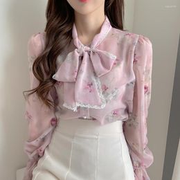 Women's Blouses 2023 Summer Korean Women Long Sleeve Shirt French Bowtie Collar Sweet Floral Chiffon Blouse Tops Blusa Mujer