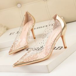 2023 Spring Golden Rhinestone PVC Transparent Women Pumps High Heels Sexy Pointed Toe Party Wedding Shoes Size 41