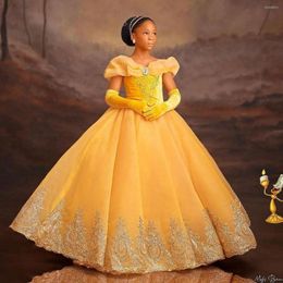 Girl Dresses Princess Gold Pageant Lace Flower Girls For Wedding Off The Shoulder Kids Party Fully Ruffled Baby Birthday Gowns