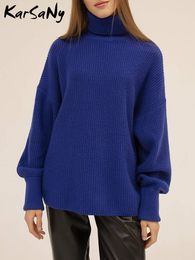 Women's Sweaters Winter Women Turtleneck Oversized Knitted Sweaters Thick Pullover Loose Warm Basic Blue Lantern Sleeve Sweater Women Turtleneck 230306