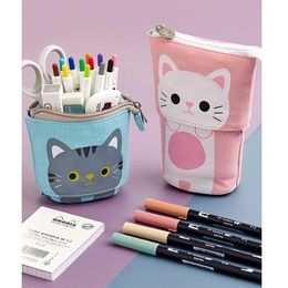 Pencil Bags Angoo Pen Pencil Bag Case Cartoon Cute Cat Bear Sheep Canvas Fold Standing Holder Stationery Organiser Kids Gift A6445 J230306