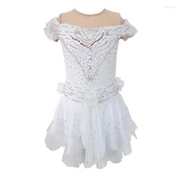 Stage Wear Ice Skating Dress Girls White Mesh High Elasticity Competition Handmade Jeweled Rhinestones