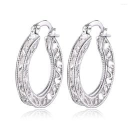 Hoop Earrings Fashion 925 Silver ColorHollow Flower Large Hollow Round Carved Pendant Women