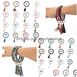 Keychains Lanyards Pu Leather Bracelet Keychain With Tassel Wristbands Bangle Round Rings Wrist Key Ring Pendant 29 Colors Dia 8Cm Dhmkh