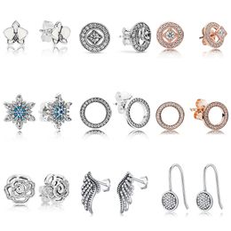 925 Silver Fit Pandora Earrings Crystal Fashion women Jewellery Gift Ear Studs 1 Pair Women Hollow Mouse Wing Love Heart Crystal Diy