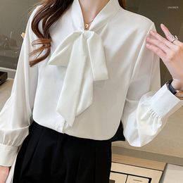 Women's Blouses Bow Collar Bottoming Long Sleeved Shirts Women 2023 Lantern Sleeve Chiffon And Tops Ladies Office Wear White Black 1978