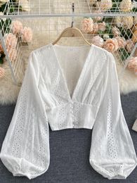 Women's Blouses Foamlina White Blouse Shirt Embroidery Lace Hollow Out Buttons Crop Top Sexy Deep V Neck Long Puff Sleeve Elegant