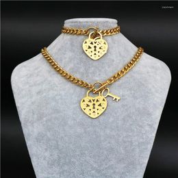 Necklace Earrings Set Fashion Stainless Steel Heart Pendant Bracelet Gold Colour Jewellery For Women Statement N