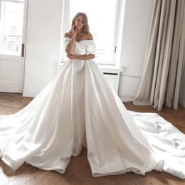 2 Pieces Satin Mermaid Wedding Dress With Long Chapel Train Off The Shoulder Sweetheart Neck Short Sleeve Lace Up Back Pleat Robe De Mariee