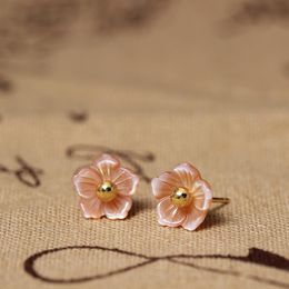 Stud Earrings Flyleaf 925 Sterling Silver Shell Carvings Pink Peach Flowers For Women Elegant Lady Gift Sterling-silver-jewelryStud