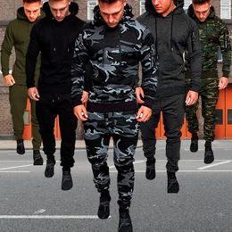 Men's Tracksuits Mens 2 Piece Tracksuit Sweatsuit Jogging Casual Warm Breathable Wicking Fitness Running Sportswear Military Tactical HoodiePant 230303