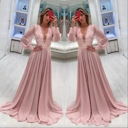 Pink Chiffon A Line Formal Mother Of The Bride Dresses Deep V Neck Long Sleeves Lace Appliques Weddings Party Evening Prom Gowns