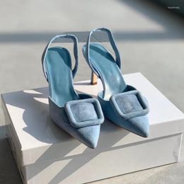 Sandals Designer Suede Thin Heels Dress Shoes Pointed Toe Back Strap Ladies Mules Fashion Women Size 35-39 Summer Solid Color Pump