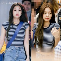 Women's T Shirts Kpop Korean Celebrity Women Striped Tees Short Sleeve Streetwear Harajuku Tshirt Lady Gothic Slim Hip Hop Shirt Top