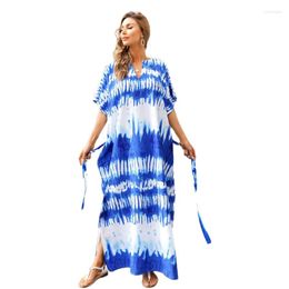 Casual Dresses Women Gradient Tie-Dye Kaftan Split Long Beach Dress Belted Swimsuit Cover Up