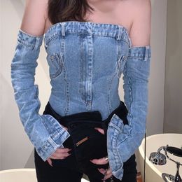 Women's T Shirt Vintage Sexy Off the shoulder Denim Camisole with Sleeves Autumn High Street Fashion All match Crop Tops for Women 230306