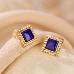 Stud Earrings GEEZENCA 925 Sterling Silver Gold Plated Lapis Lazuli Zircon Square Vintage Simple Geometric Blue Stone Small Earring