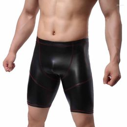 Underpants Sexy Underwear Men Boxer Shorts Black Faux Leather Panties Man U Convex Pouch Long Leg Cuecas Calzoncillos M-XXL