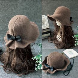 Wide Brim Hats Bucket Hats Vintage Wool Bucket Hats Ladies Bowler Hat Fashion Bows Basin Hat Fisherman Hat Woman Winter Black Coffee Dark Camel Hat 230306