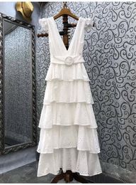 Casual Dresses Cotton Long Dress 2023 Spring Summer Vestidos Women Sexy Deep V-Neck Hollow Out Embroidery Ruffle White Pink Maxi Boho