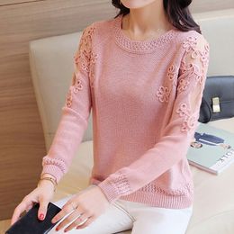 Women's Sweaters Knitted Sweater Women Mesh Stitching Sexy Lace Pullover Sweaters Fashion Loose Embroidery O Neck Jumper Tops Feminine 123HP 230306