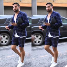 Men's Suits & Blazers Summer Navy Check Mens Short Tuxedos High Quality Plus Size Wedding Blazer Suit Formal Prom Party Pants Coat Jacket 2