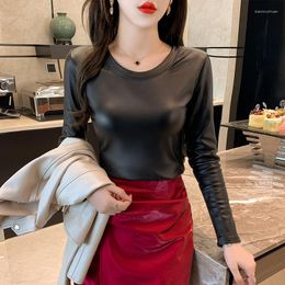 Women's Blouses 2023 Spring Winter Long Sleeve Women's Blouse Patchwork Colours Elegant Shirt Women Warm Velvet PU Leather Female Y2K