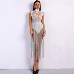 Casual Dresses 2023 Arrival Sexy Night Party Tassel Bodysuits Lace Perspective Mesh Dress