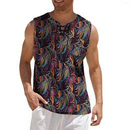Men's Tank Tops Summer Mens Hawaii Clothing Cotton Linen Casual Sleeveless Lace-up Folk Print Loose Men's Vacation Vest
